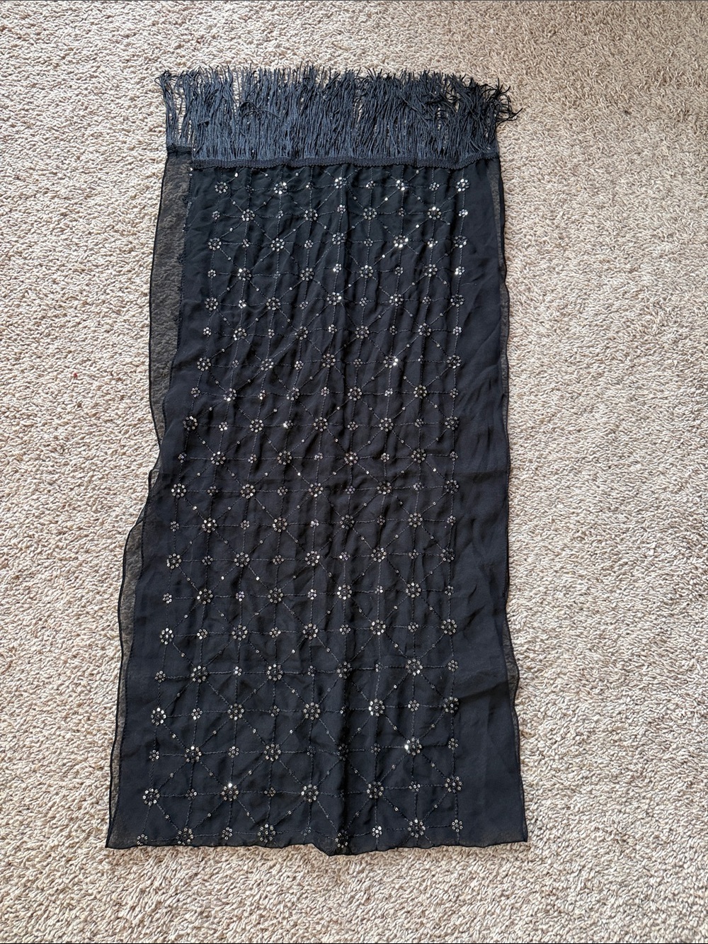 Black Beaded Fringe Scarf Wrap